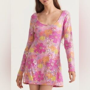 Rupert pink sequined floral long sleeve mini dress with scoop neck
